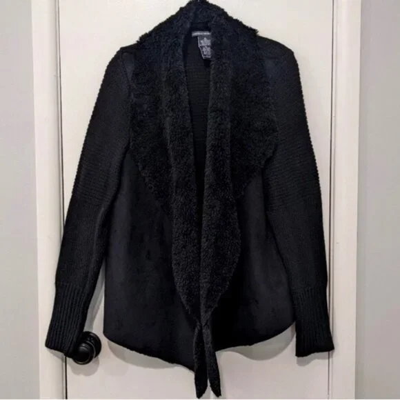 Chelsea & Theodore Suede Draped Open Front Cardigan Sweater - Picture 3 of 5